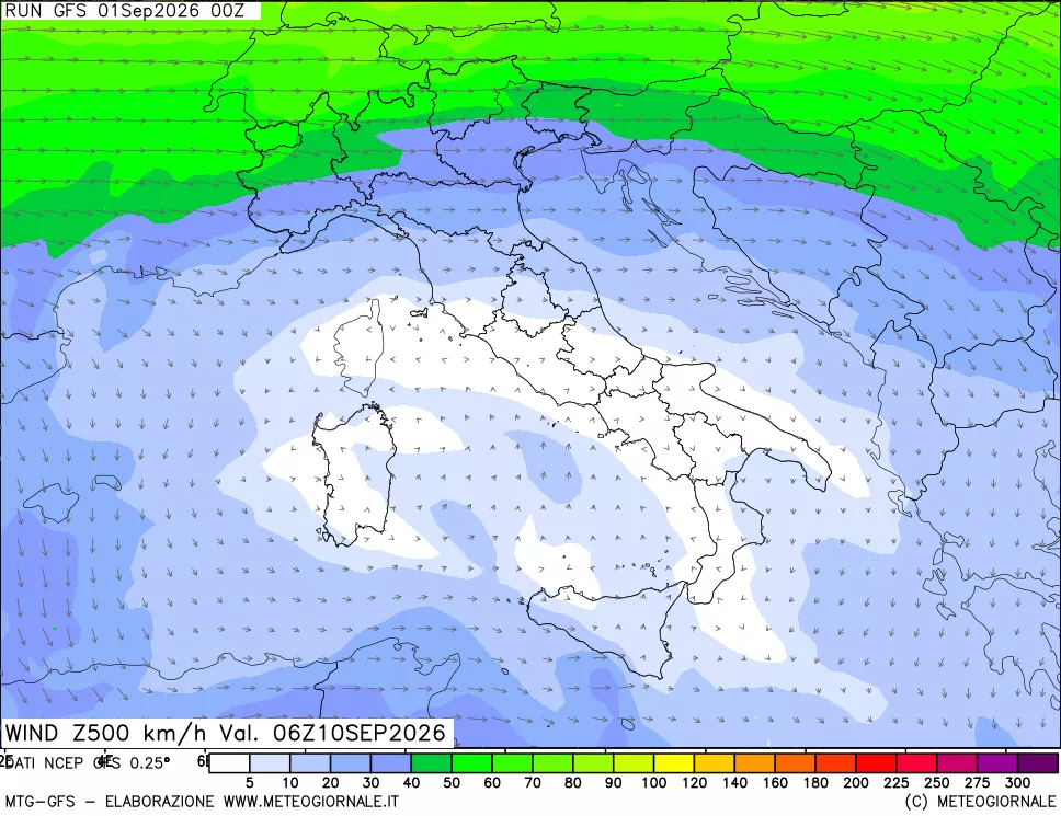 mappa 500 hPa Vento forza e direzione