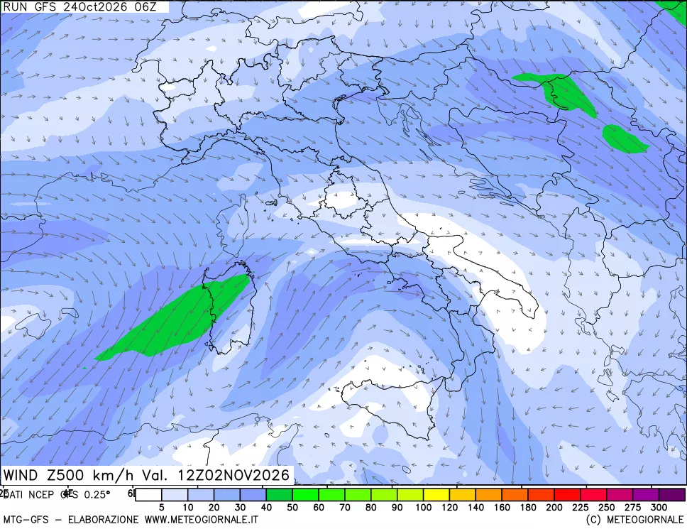 mappa 500 hPa Vento forza e direzione