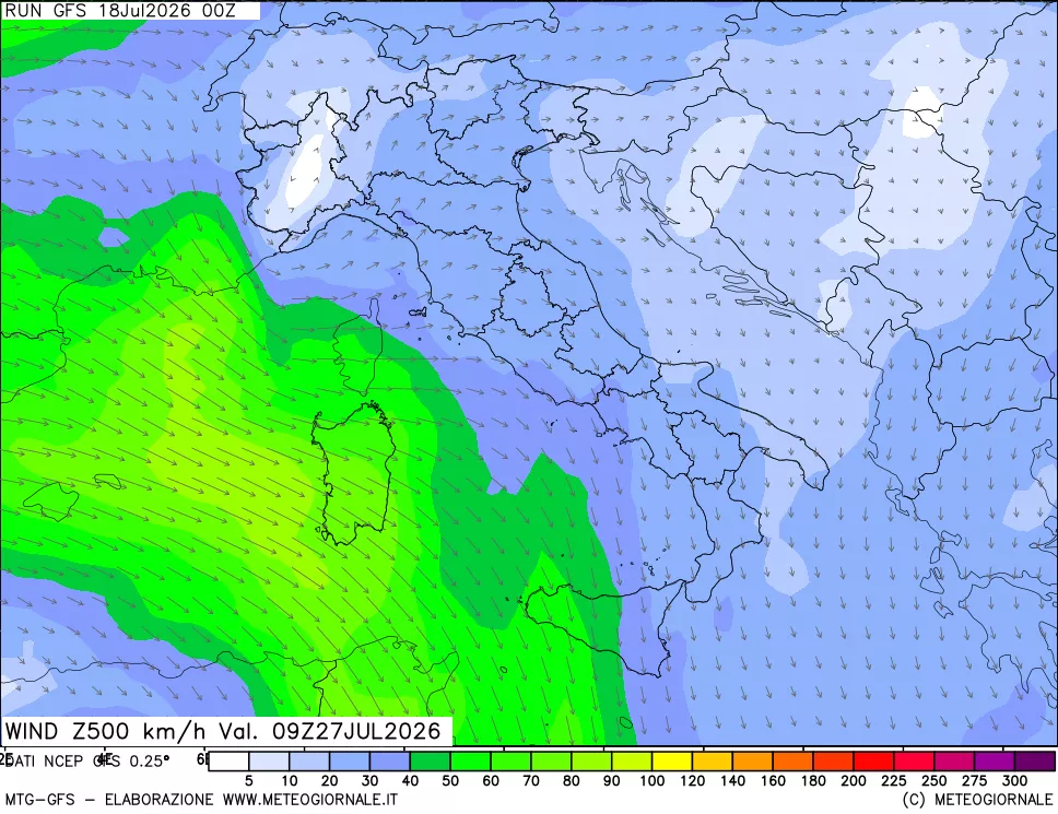 mappa 500 hPa Vento forza e direzione