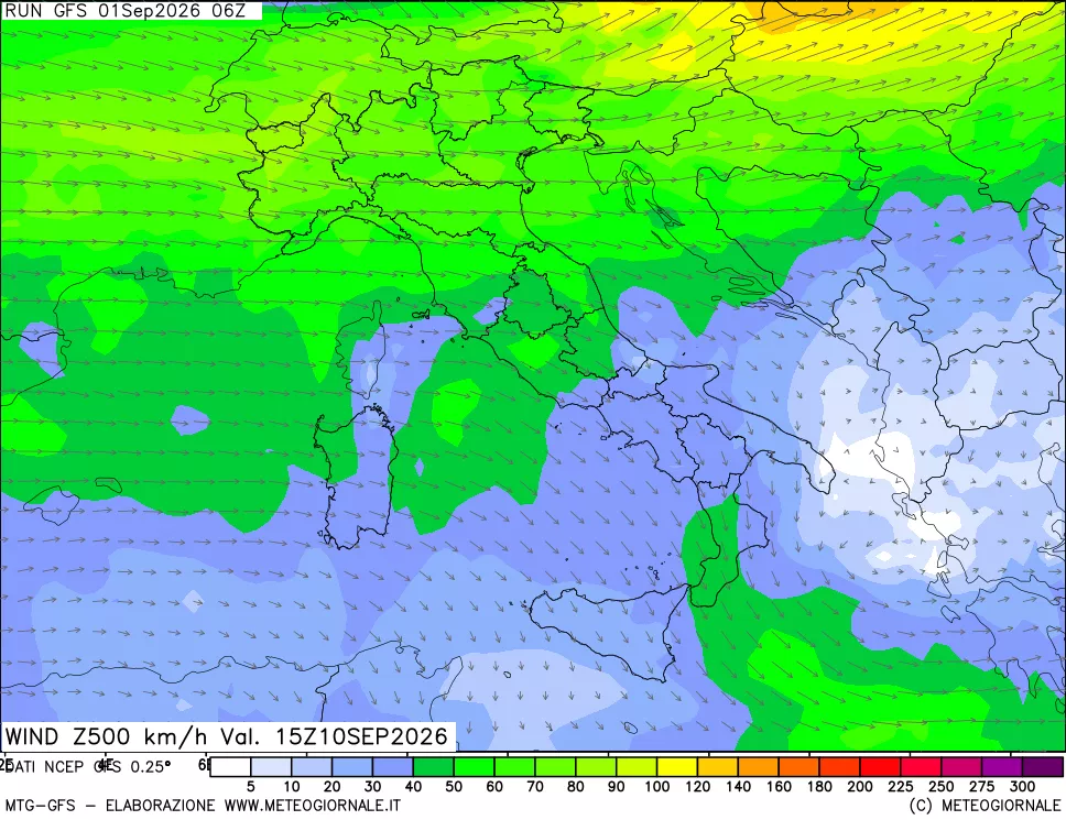 mappa 500 hPa Vento forza e direzione