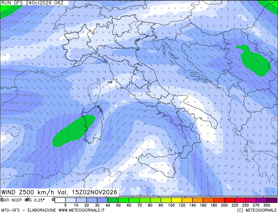 mappa 500 hPa Vento forza e direzione
