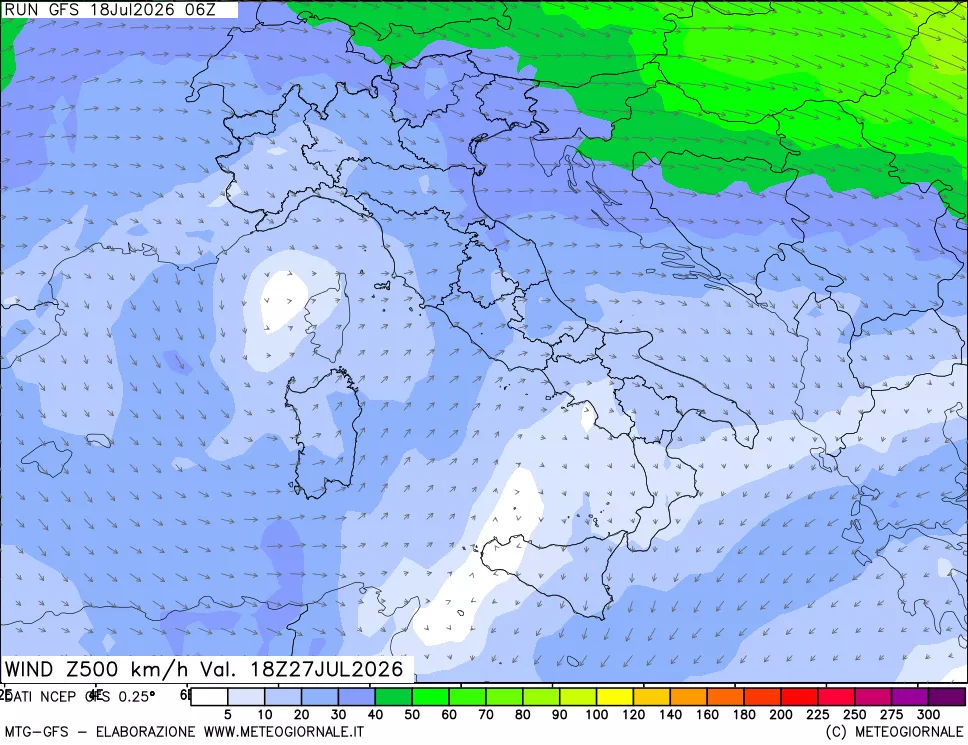 mappa 500 hPa Vento forza e direzione