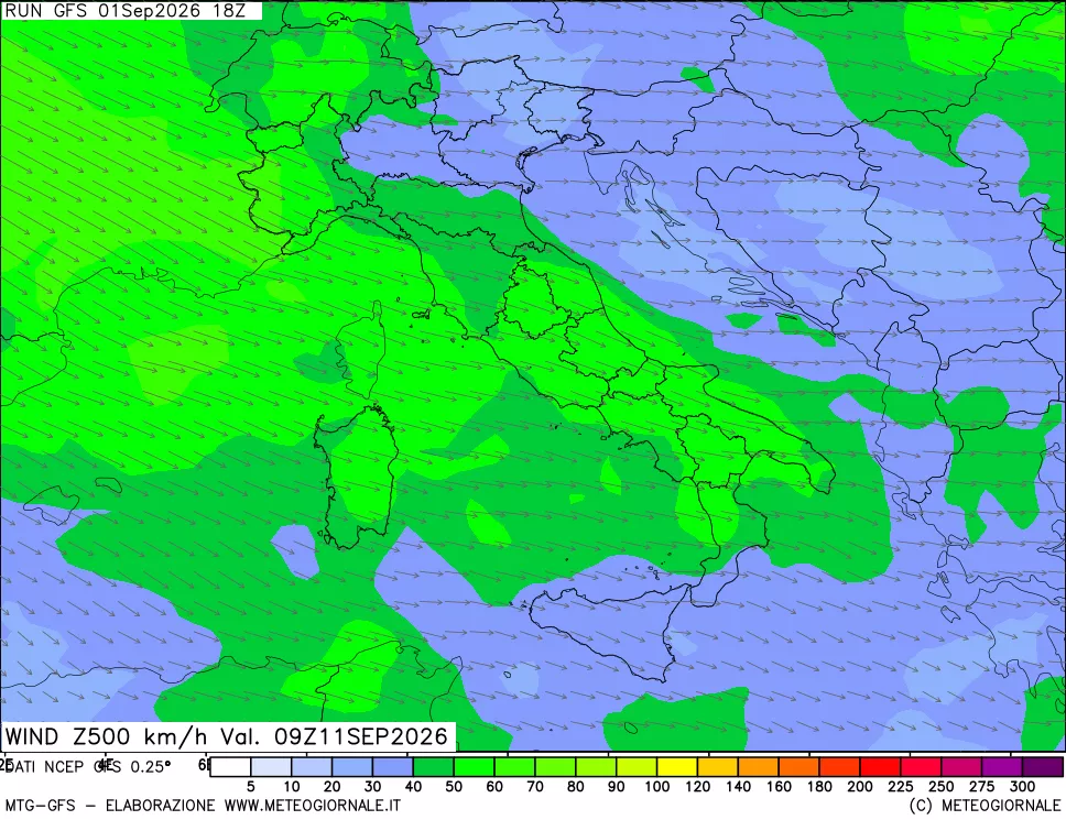 mappa 500 hPa Vento forza e direzione