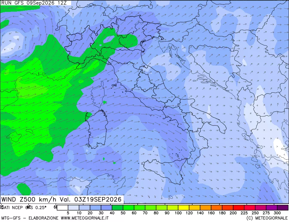 mappa 500 hPa Vento forza e direzione