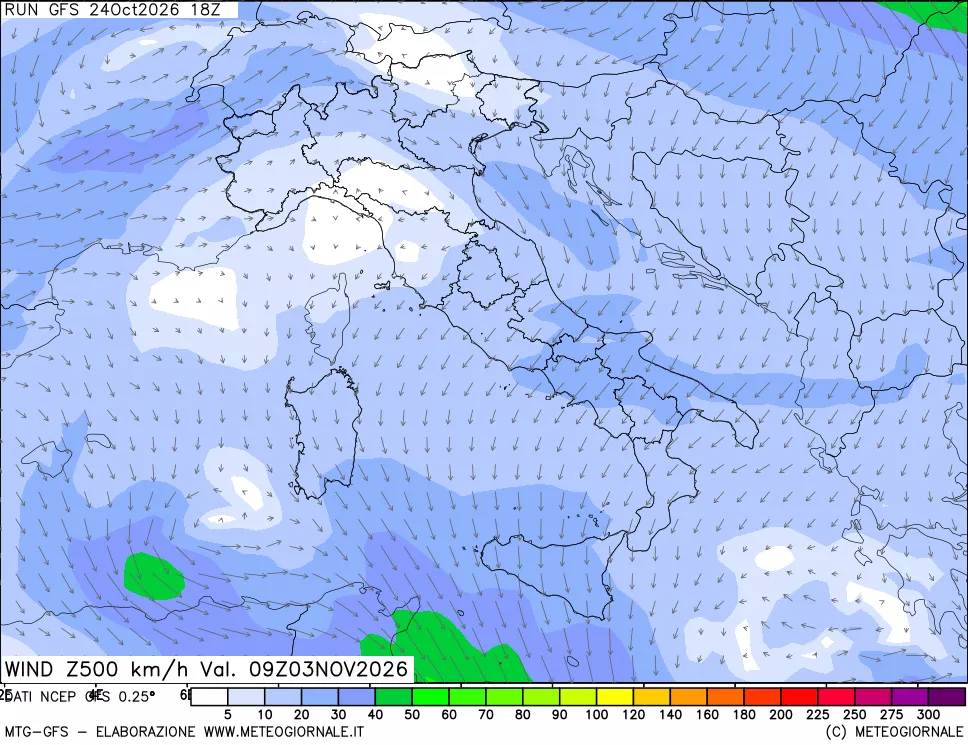 mappa 500 hPa Vento forza e direzione