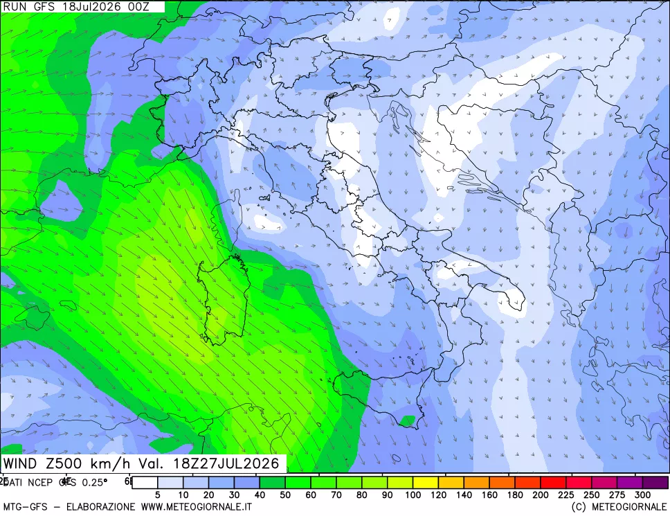 mappa 500 hPa Vento forza e direzione