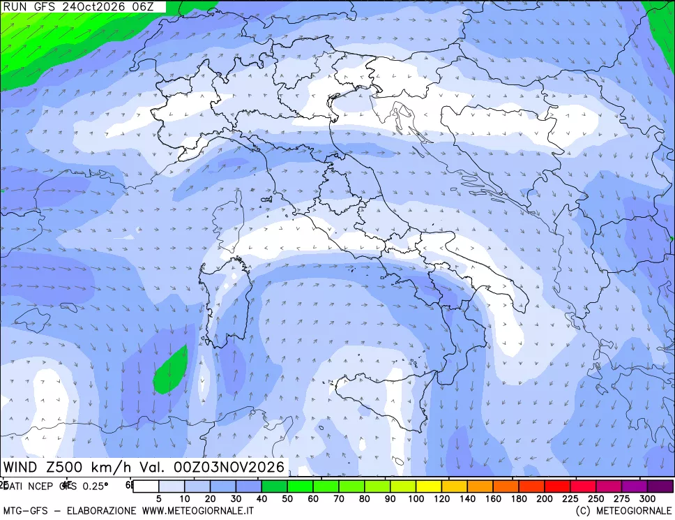mappa 500 hPa Vento forza e direzione