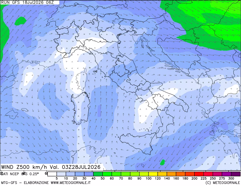 mappa 500 hPa Vento forza e direzione