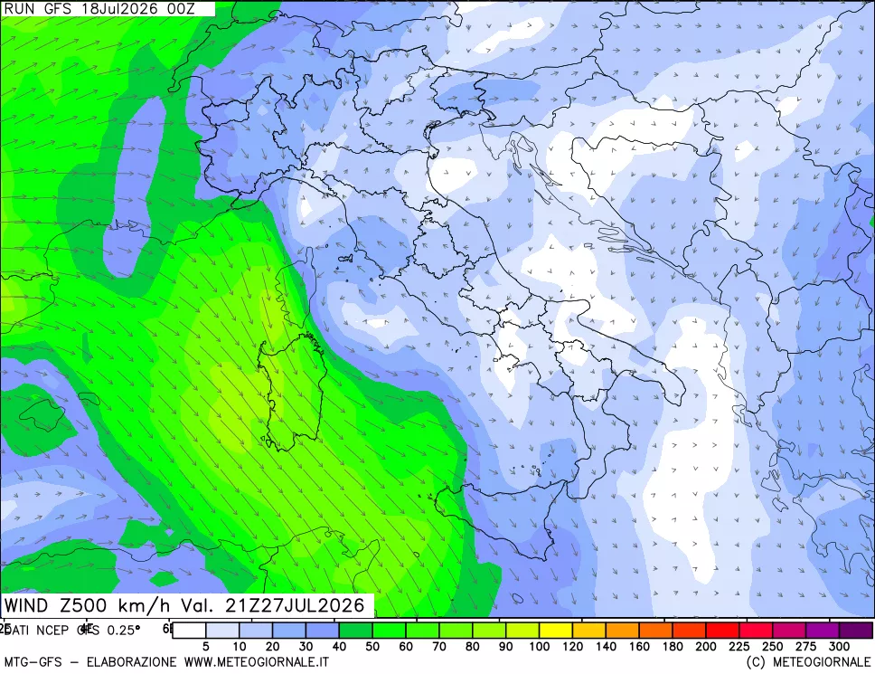 mappa 500 hPa Vento forza e direzione