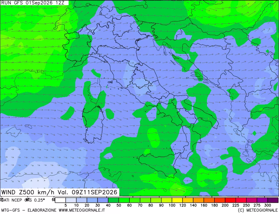 mappa 500 hPa Vento forza e direzione