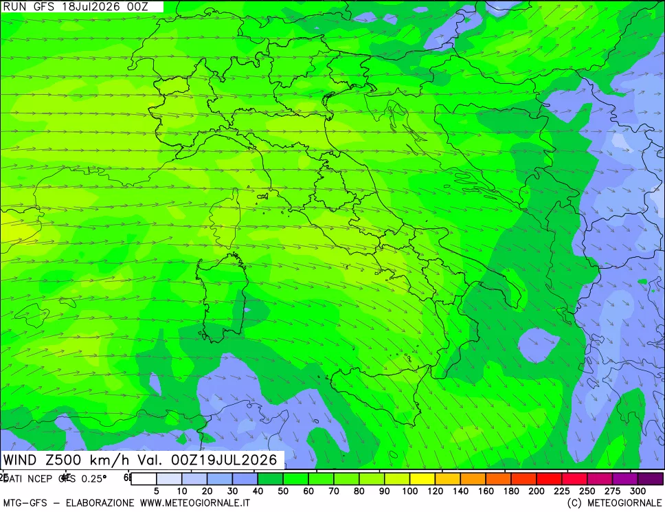 mappa 500 hPa Vento forza e direzione