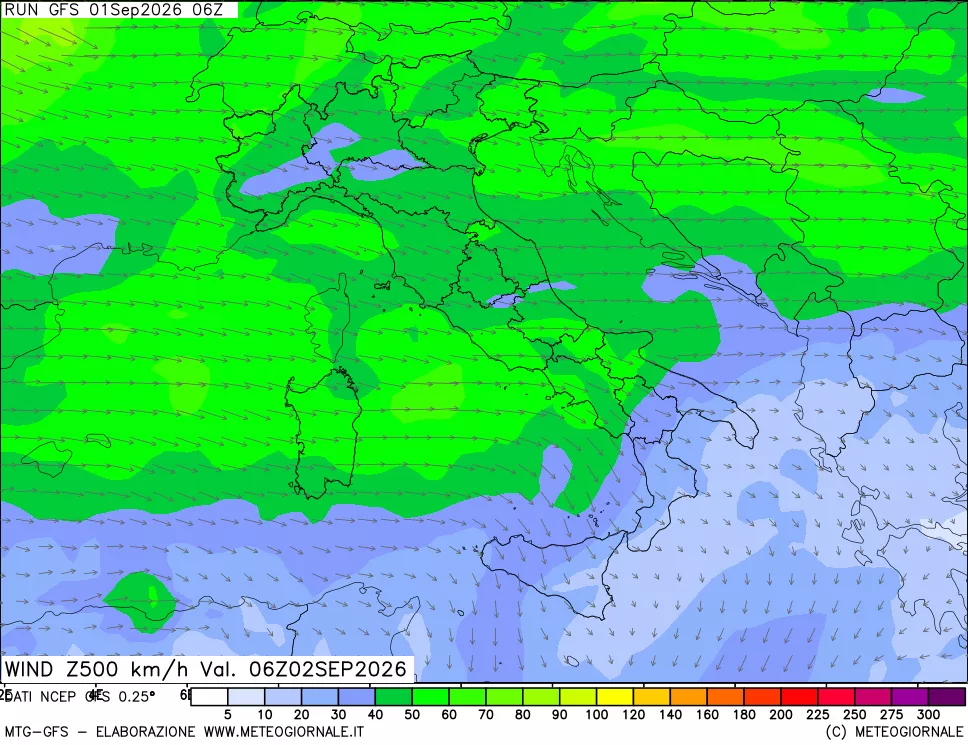 mappa 500 hPa Vento forza e direzione