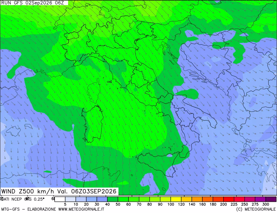 mappa 500 hPa Vento forza e direzione