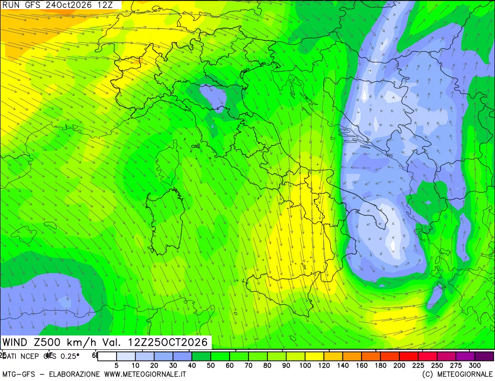 mappa 500 hPa Vento forza e direzione
