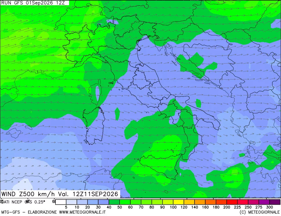 mappa 500 hPa Vento forza e direzione