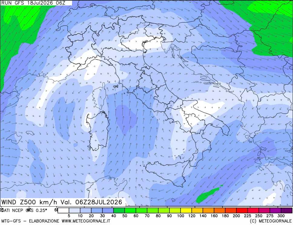 mappa 500 hPa Vento forza e direzione