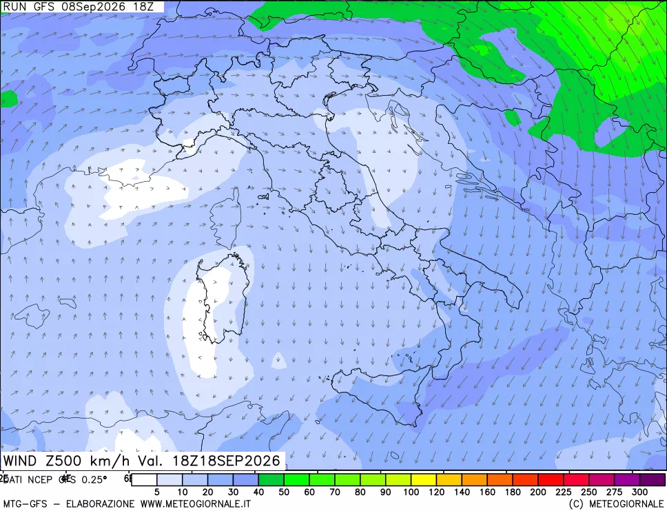 mappa 500 hPa Vento forza e direzione