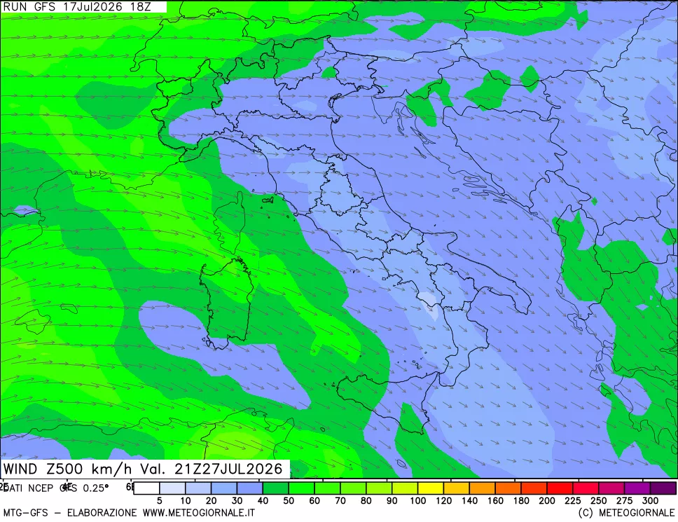 mappa 500 hPa Vento forza e direzione