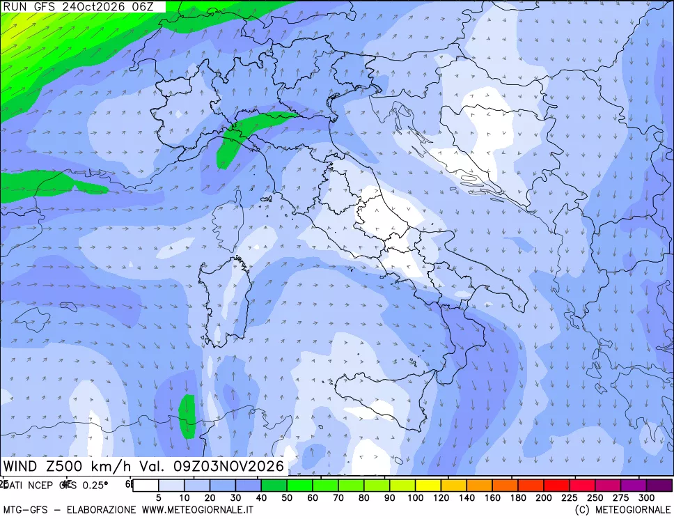 mappa 500 hPa Vento forza e direzione