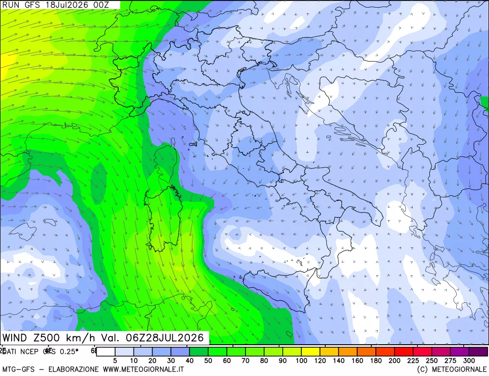 mappa 500 hPa Vento forza e direzione