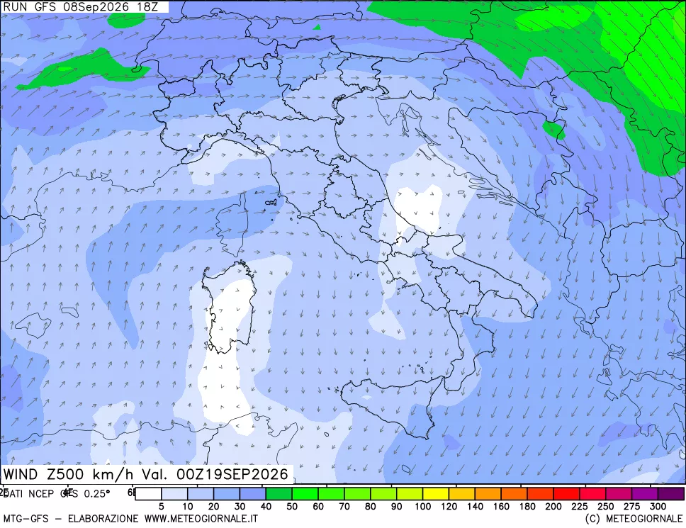mappa 500 hPa Vento forza e direzione