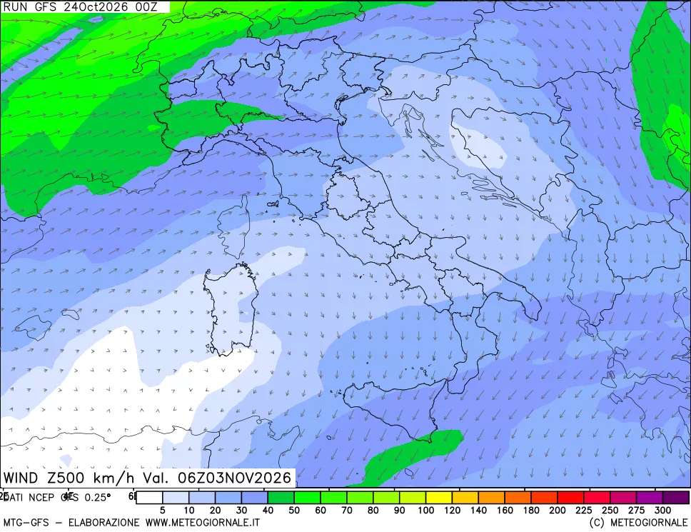 mappa 500 hPa Vento forza e direzione