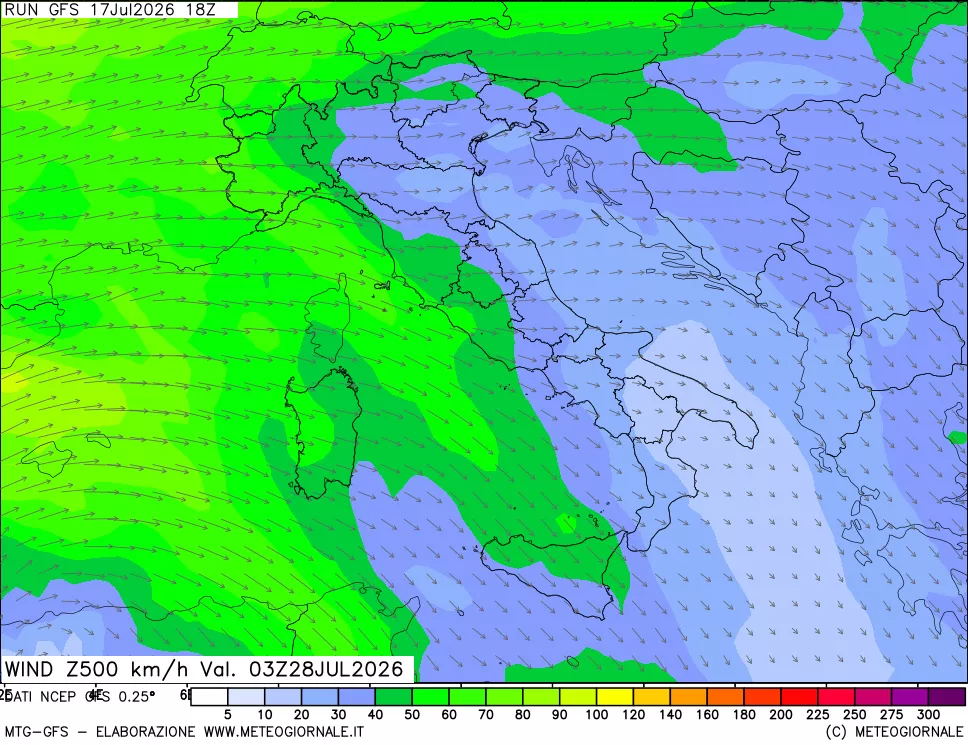 mappa 500 hPa Vento forza e direzione