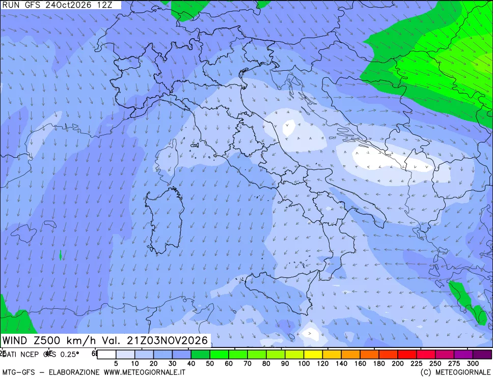 mappa 500 hPa Vento forza e direzione