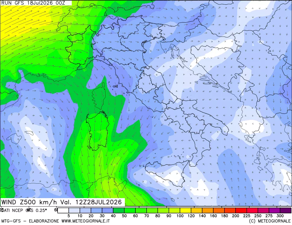 mappa 500 hPa Vento forza e direzione