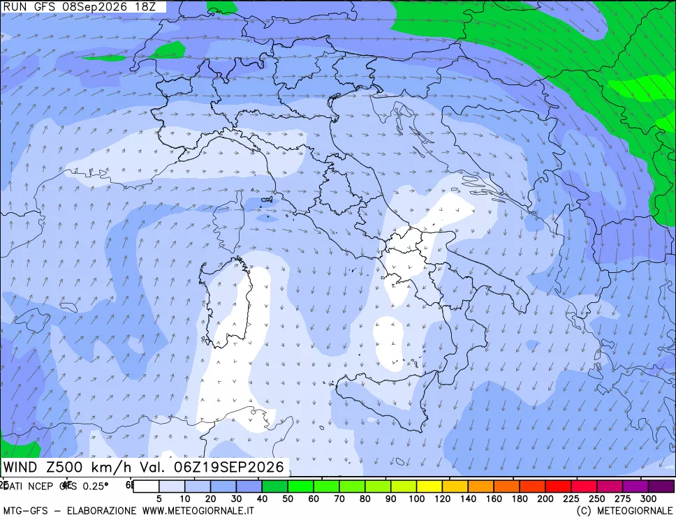mappa 500 hPa Vento forza e direzione
