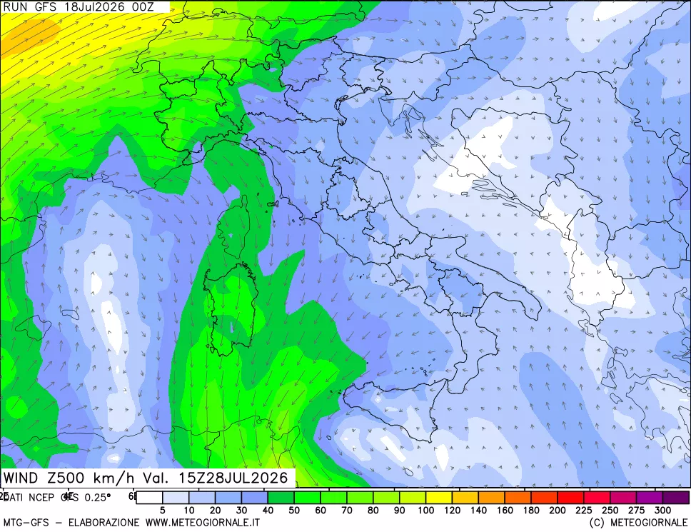 mappa 500 hPa Vento forza e direzione