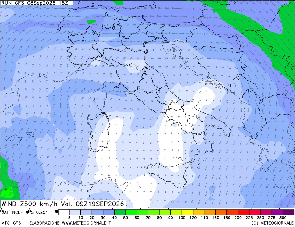 mappa 500 hPa Vento forza e direzione