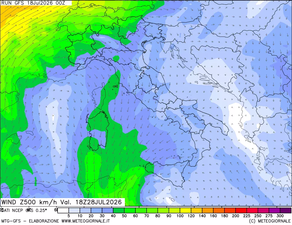 mappa 500 hPa Vento forza e direzione