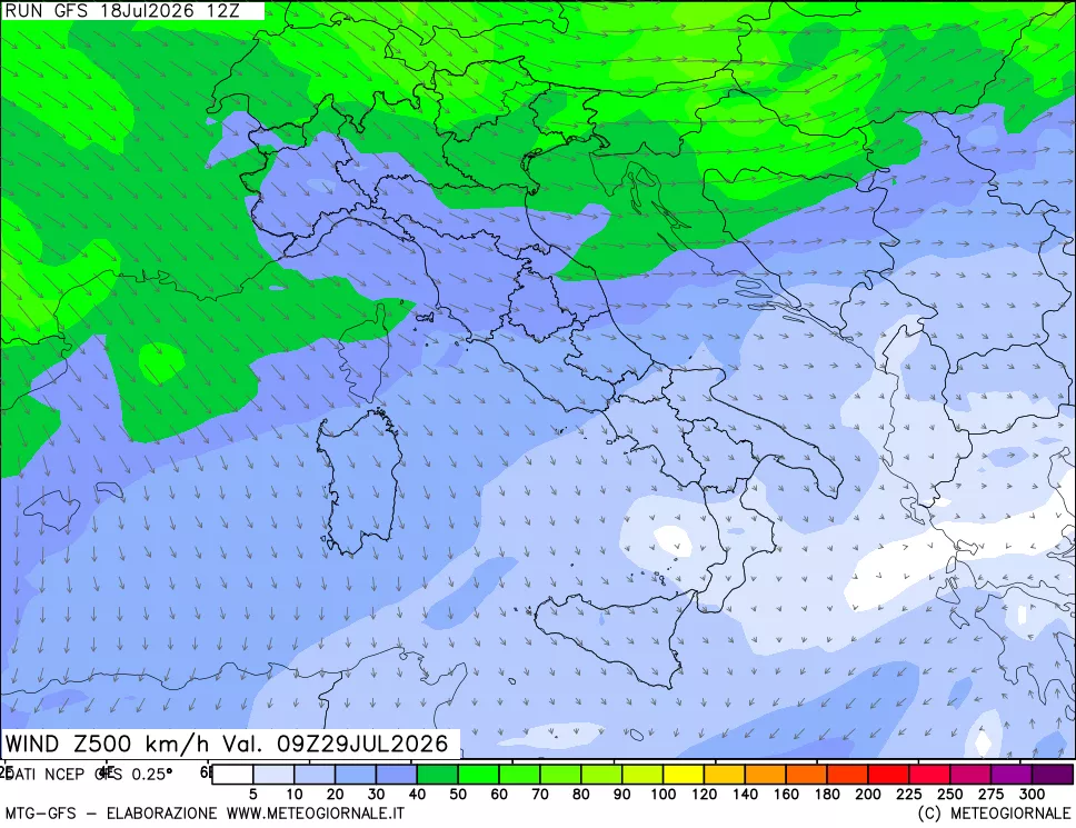 mappa 500 hPa Vento forza e direzione