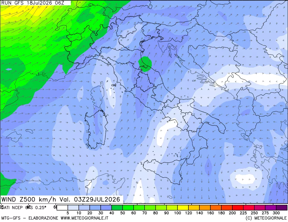 mappa 500 hPa Vento forza e direzione