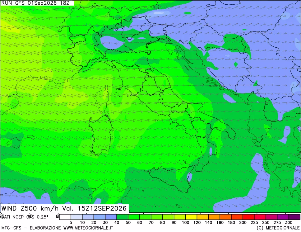 mappa 500 hPa Vento forza e direzione