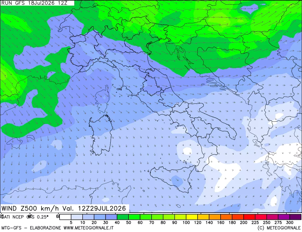 mappa 500 hPa Vento forza e direzione