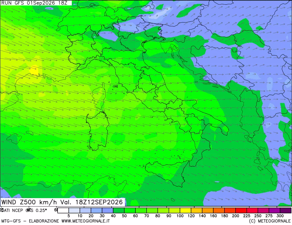 mappa 500 hPa Vento forza e direzione
