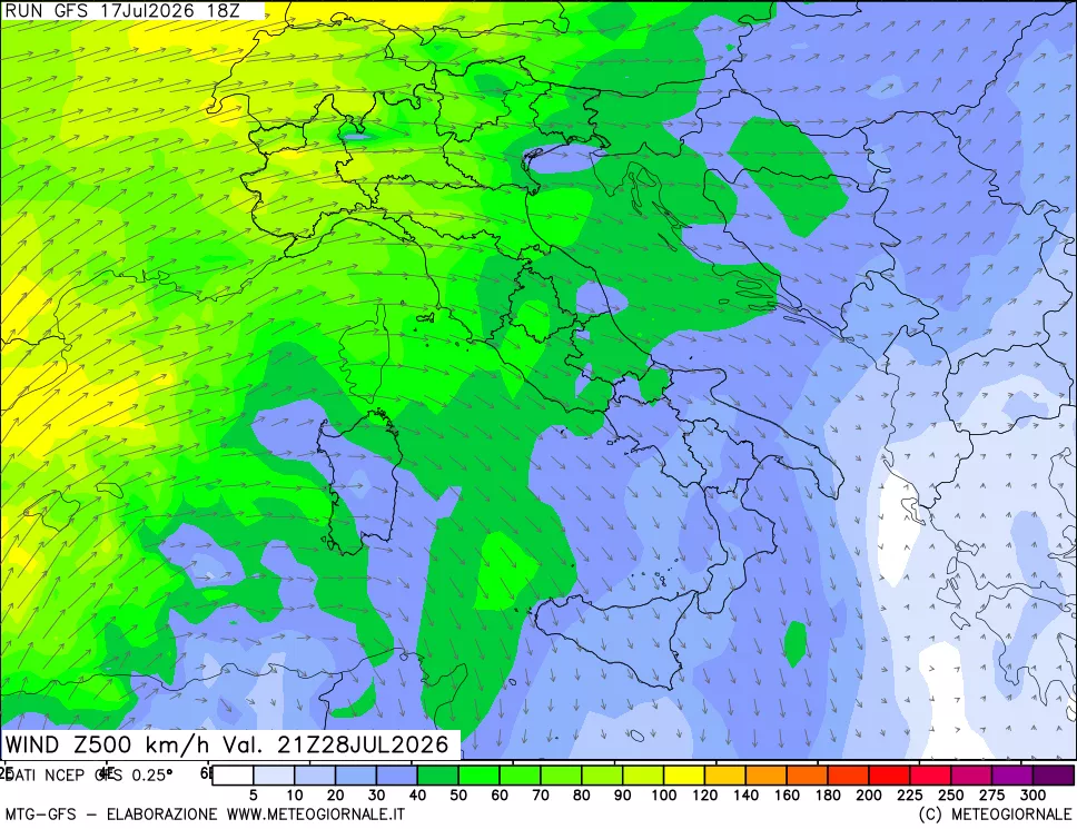 mappa 500 hPa Vento forza e direzione
