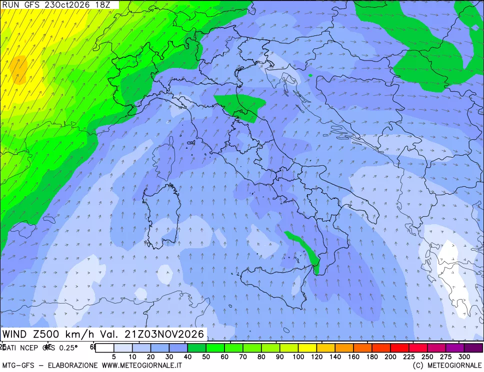 mappa 500 hPa Vento forza e direzione