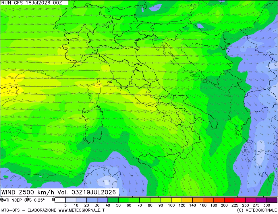 mappa 500 hPa Vento forza e direzione
