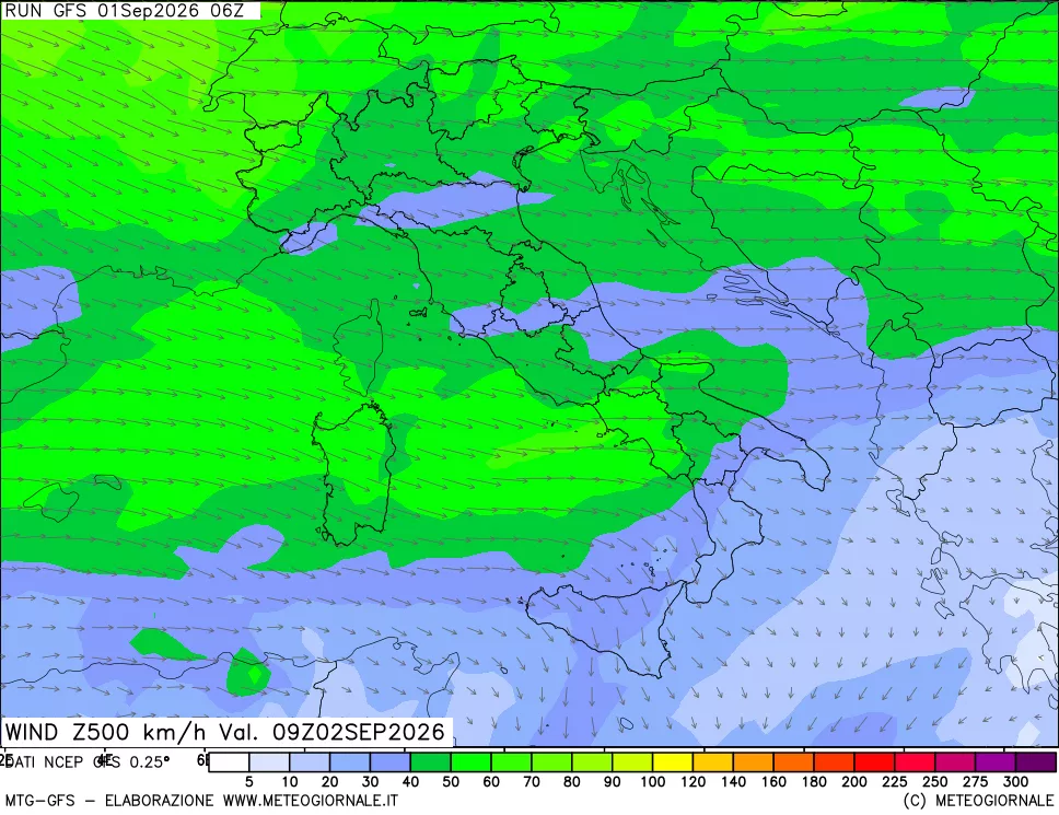 mappa 500 hPa Vento forza e direzione