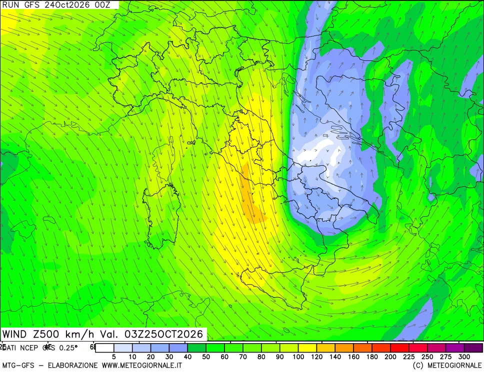 mappa 500 hPa Vento forza e direzione