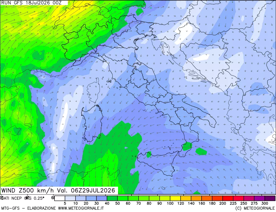 mappa 500 hPa Vento forza e direzione