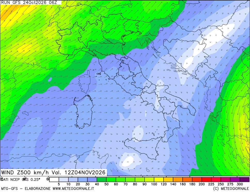 mappa 500 hPa Vento forza e direzione