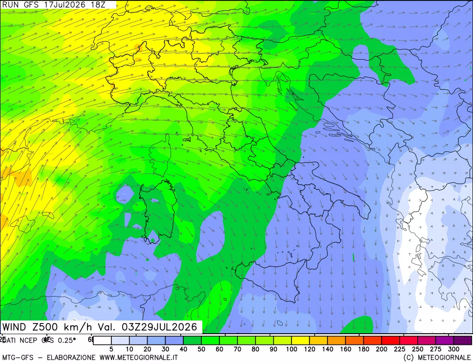 mappa 500 hPa Vento forza e direzione