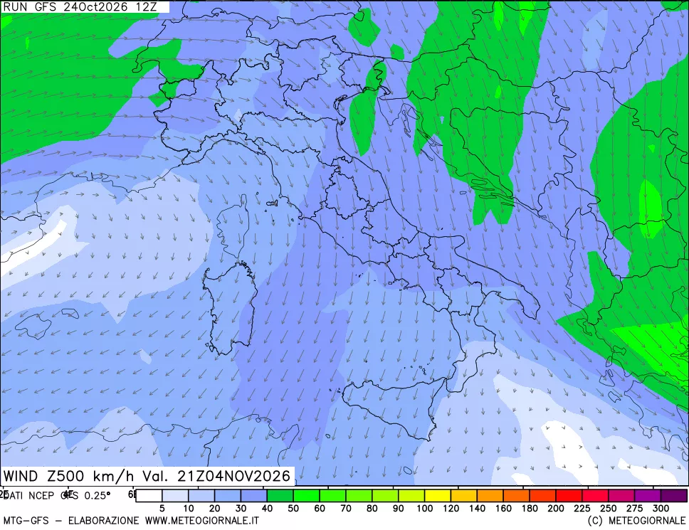 mappa 500 hPa Vento forza e direzione