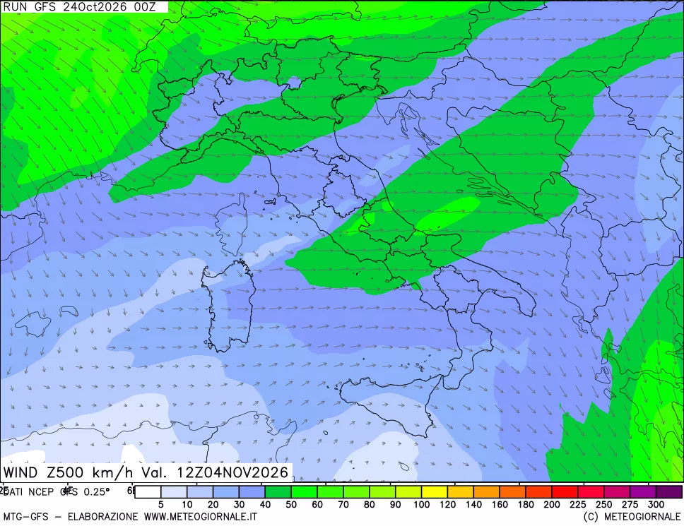 mappa 500 hPa Vento forza e direzione