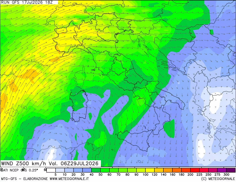 mappa 500 hPa Vento forza e direzione
