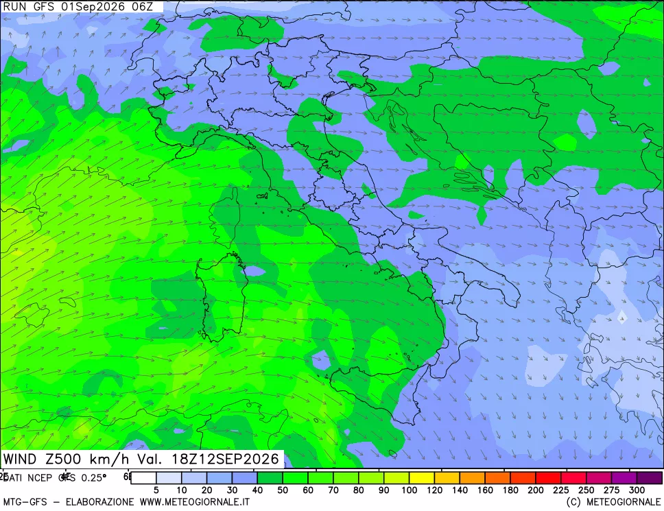 mappa 500 hPa Vento forza e direzione